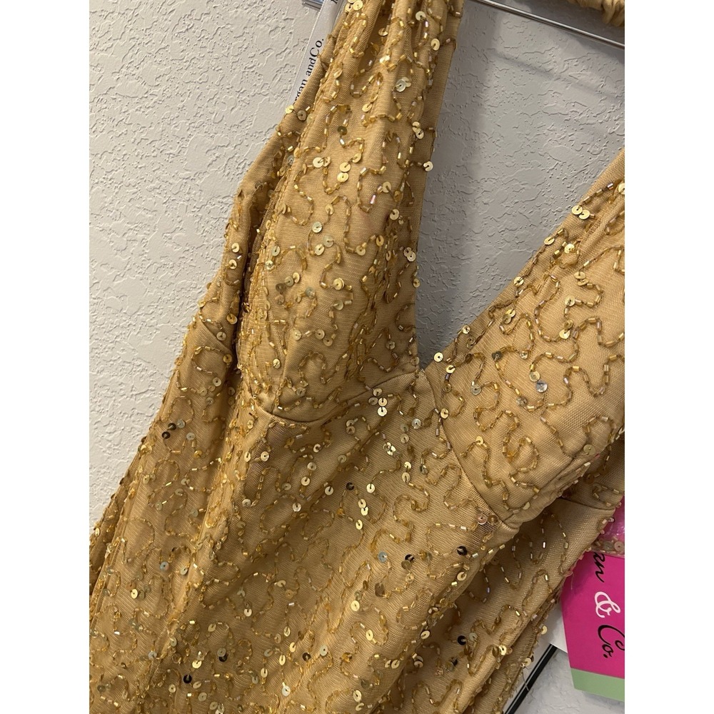 Morgan & Co Gold Sequin Halter Cocktail Dress Women's 9/10 - Picture 3 of 6